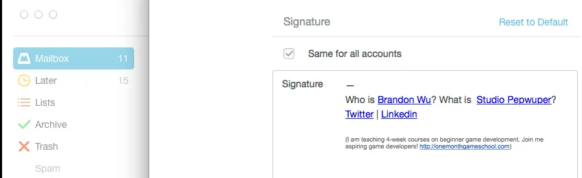 Mailbox App Signature Links