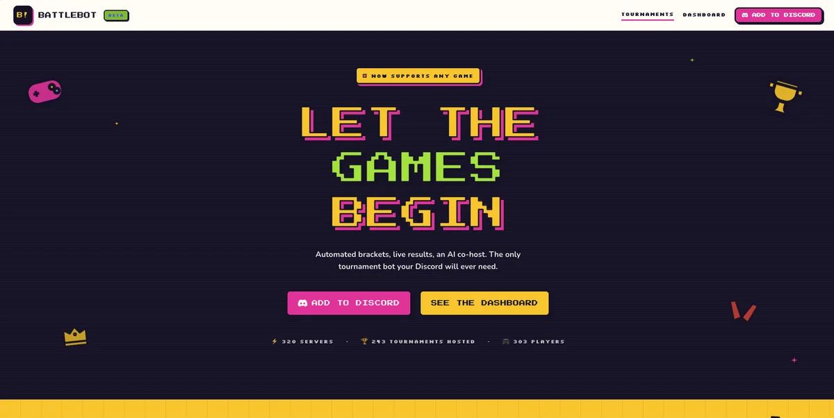 BattleBot website hero — "Let the Games Begin"